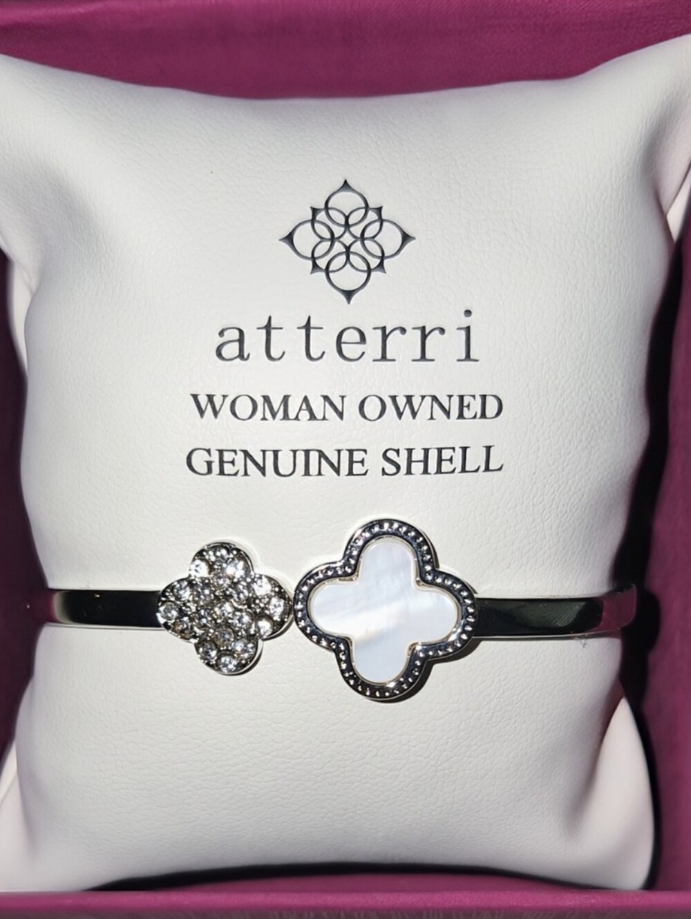 New Atterri Dual Clover Genuine White Shell & Crystal Cuff Bracelet In Box
